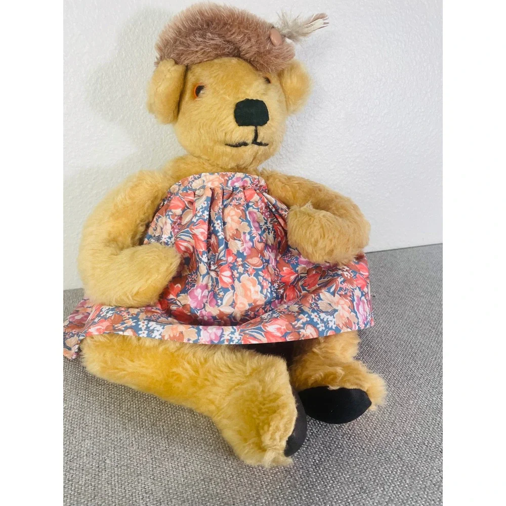 Vintage Teddy Bear Plush Floral Dress Bonnet Tan Cottagecore Stuffed Animal Doll